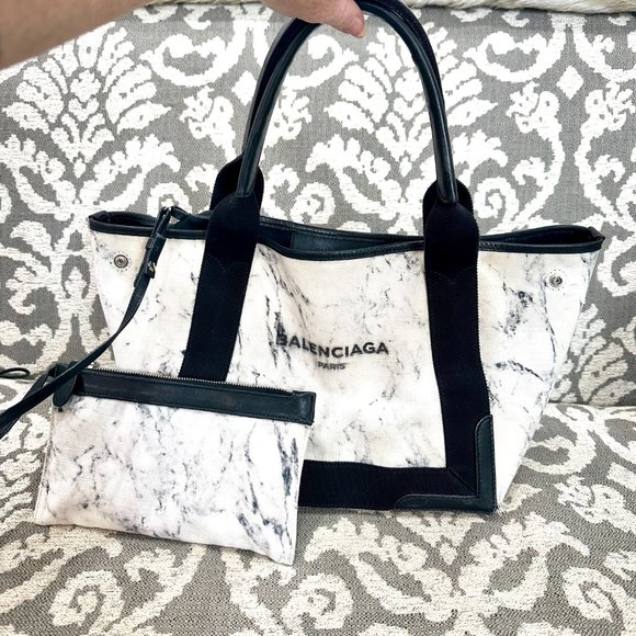 BALENCIAGA Navy Cabas Small Black White Marble Print Tote Bag with Zip Pouch - Picture 4 of 10